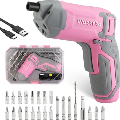 WORKPRO 3.6V Cordless Eccentric Screwdriver Kit — 24-Bit Set with Carry Case, Pink Ribbon Edition