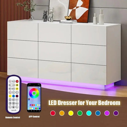 9-Drawer Tall Dresser with Integrated LED Lighting  Bedroom Storage Tower Cabinet