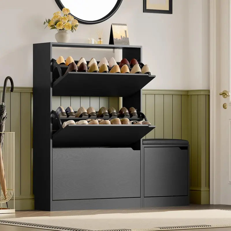 Discreet Freestanding Wood Shoe Cabinet with Three Concealed Flip Drawers