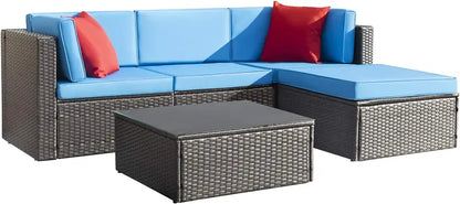 Devoko 5-Piece All-Weather Patio Sectional Set — Beige Wicker Rattan Sofa with Cushions and Tempered Glass Table