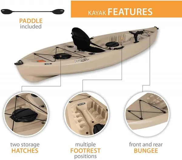 Tamarack Angler 100 Fishing Kayak  10-Foot UV-Resistant HDPE Model with Paddles, Adjustable Seat & Rod Holders (Tan)