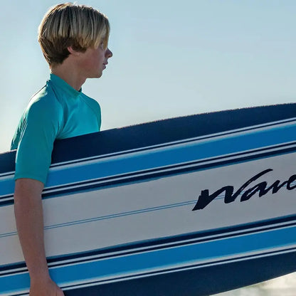Wavestorm 7-Foot Soft Top Foam Surfboard  Beginner-Friendly Heat-Laminated Board with Leash & Multi-Fin Set, Blue Pinline Design