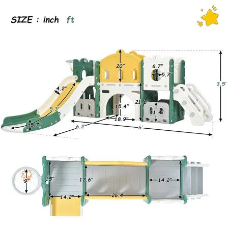 CHURANTY Kids Slide Playset Structure Indoor , Castle Climber with Slide and Basketball Hoop,  Kids Climbers Playhouse for Outdoor Playground Activity,Toy Storage Organizer for Toddlers, Green