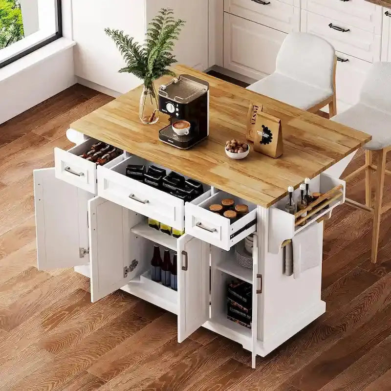 White Rolling Kitchen Island Cart  Drop-Leaf Wood Top, Embossed Finish, Doors & Drawers