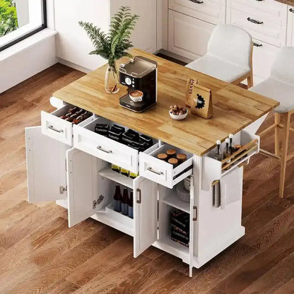 White Rolling Kitchen Island Cart  Drop-Leaf Wood Top, Embossed Finish, Doors & Drawers