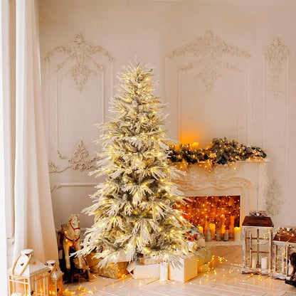 6- to 8-Foot Pre-Lit Snow-Flocked Artificial Christmas Tree Featuring PE and PVC Mixed-Tip Branches