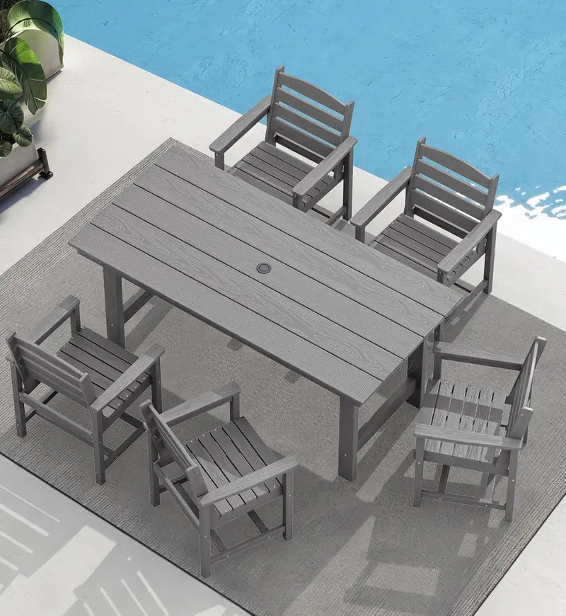 7-Piece HDPE Outdoor Dining Set  Weather-Resistant Table with Umbrella Hole & Six Matching Chairs