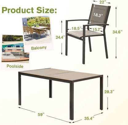 Homall 7-Piece Patio Dining Set — Large Brown Table + 6 Textilene Chairs, Weather-Resistant Outdoor Furniture for Porch or Deck