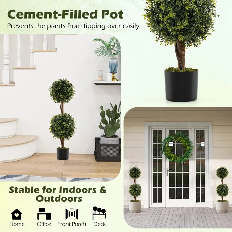 Set of 2 Faux Boxwood Topiary Trees  3-Foot Outdoor-Ready Ball Shrubs in Weighted Cement Pots
