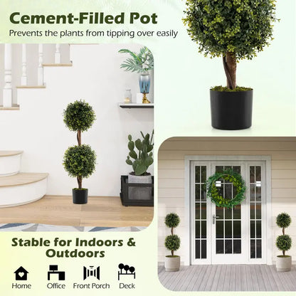 Set of 2 Faux Boxwood Topiary Trees  3-Foot Outdoor-Ready Ball Shrubs in Weighted Cement Pots