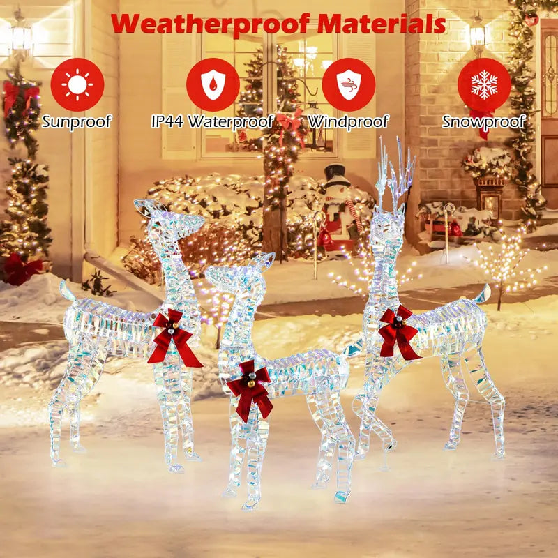 Three-Piece Lighted Reindeer Family — Large-Scale Outdoor Christmas Decor with Integrated LED Lighting and Bows