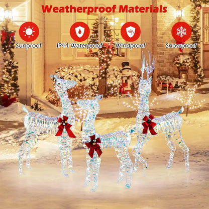 Three-Piece Lighted Reindeer Family — Large-Scale Outdoor Christmas Decor with Integrated LED Lighting and Bows