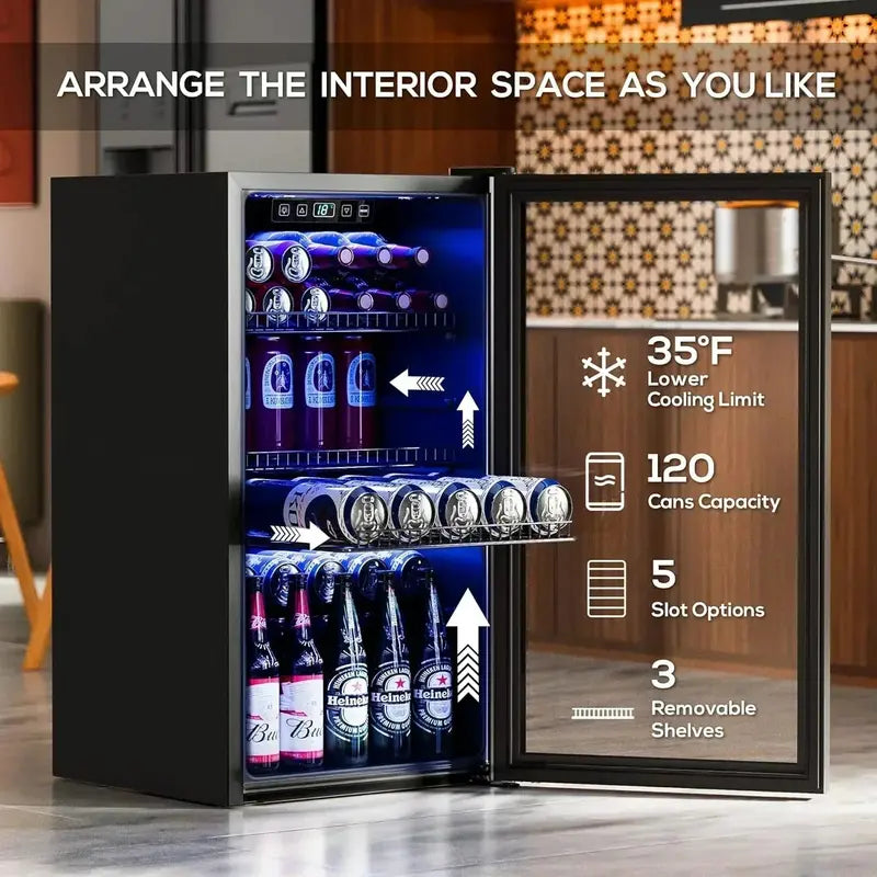 120-Can Freestanding Beverage Refrigerator  Sleek Glass-Door Mini Fridge for Home or Office