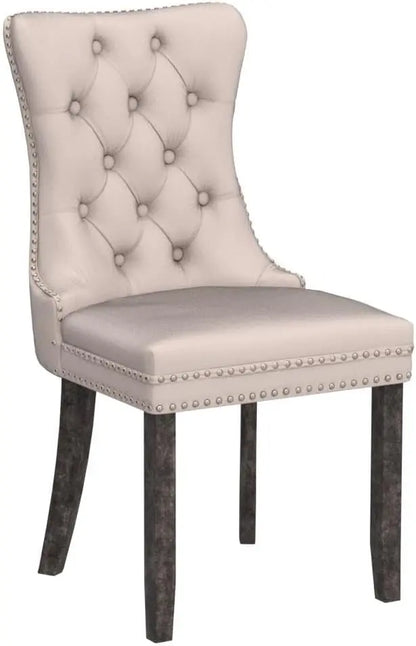 Set of 6 Beige Velvet Dining Chairs with Ring Pull and Nailhead Accents  Tufted Luxury Seating for Dining Room, Living Room, or Kitchen