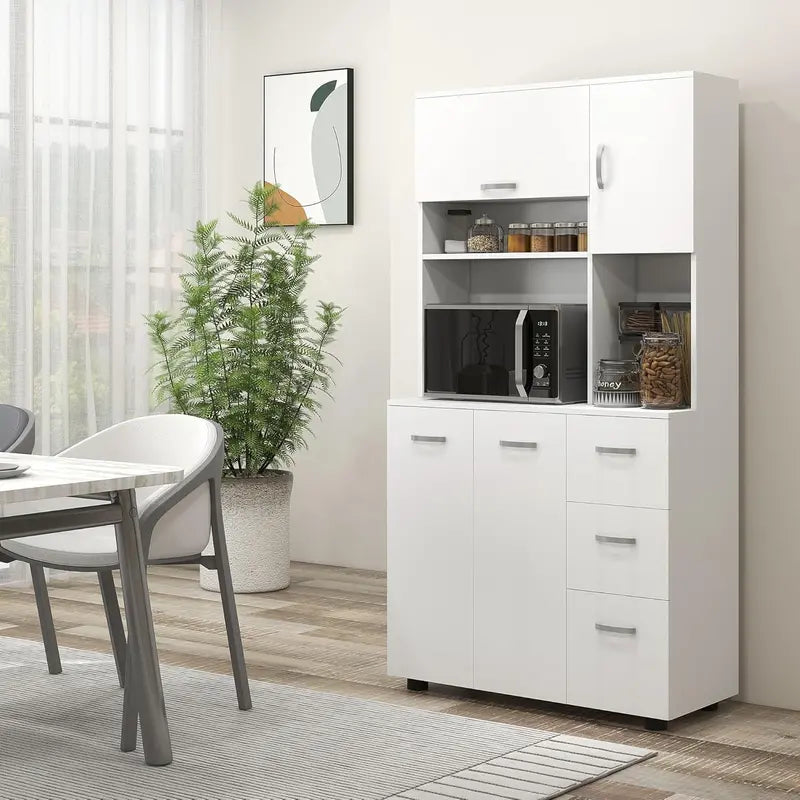 White 66″ Microwave Stand & Pantry Cabinet  Multi-Functional Kitchen Storage Unit with Shelf Organization
