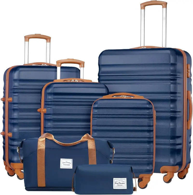 LONG VACATION 6-Piece ABS+PC Hardshell Luggage Set with Spinner Wheels and Carry-On Suitcase