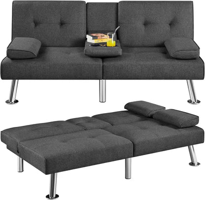 Yaheetech Faux Leather Convertible Sofa Bed  Reversible Loveseat with Removable Arms & 3-Position Recline