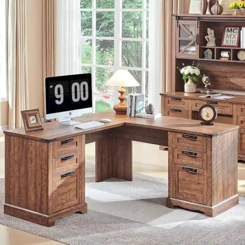 60-Inch L-Shaped Farmhouse Executive Desk  Wood Corner Computer Workstation
