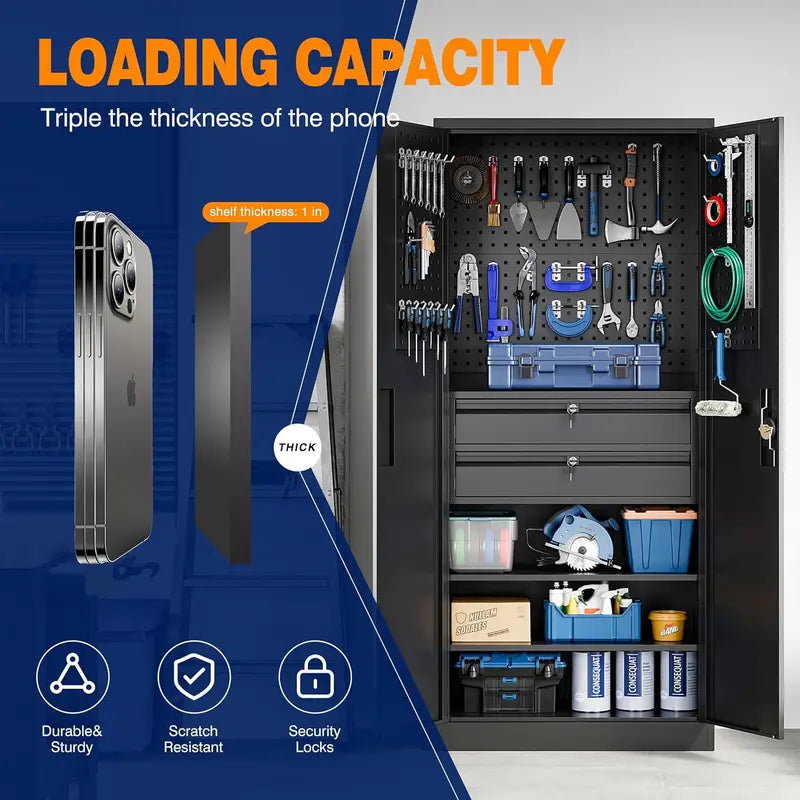 Yizosh Heavy-Gauge Locking Garage Cabinet  71-Inch Steel Tool Storage with Pegboard, Two Drawers, and Reinforced Doors