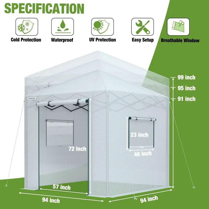 WORKPRO 8′ × 8′ Walk-In Portable Greenhouse  UV-Protected Polycarbonate Frame