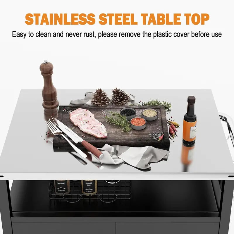 Heavy-Duty Stainless Steel Outdoor Grill Cart  3-Shelf Mobile Pizza Oven Stand with Wheels (31.5″ x 24″ x 35.5″)