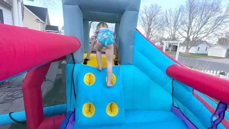 8-in-1 Inflatable Water Park for Kids: Bounce House, Slide, Climbing Wall, Splash Pool, Dual Water Cannons, Basketball Hoop & Crocodile Sprinkler  Includes 450W Blower
