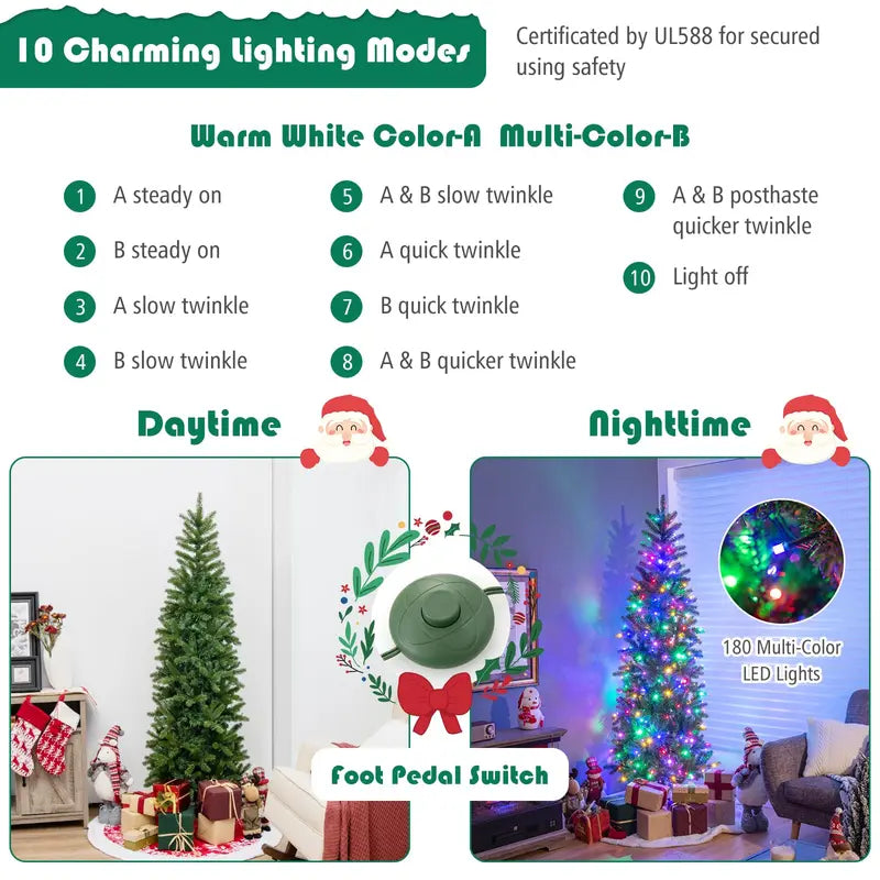 5-Foot Pre-Lit Slim Pencil Christmas Tree with 390 PVC/PE Branch Tips