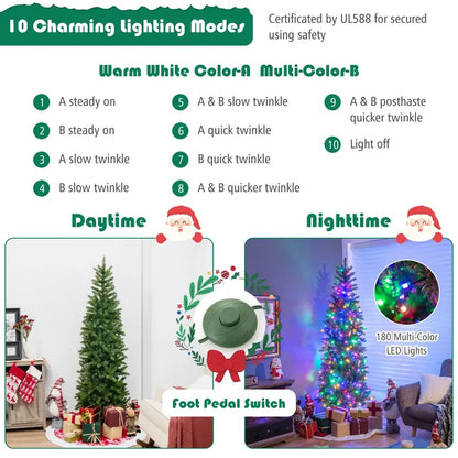 5-Foot Pre-Lit Slim Pencil Christmas Tree with 390 PVC/PE Branch Tips