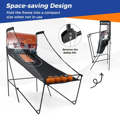 Foldable Dual-Lane Basketball Arcade Game with LCD Score Display and 4 Game Balls