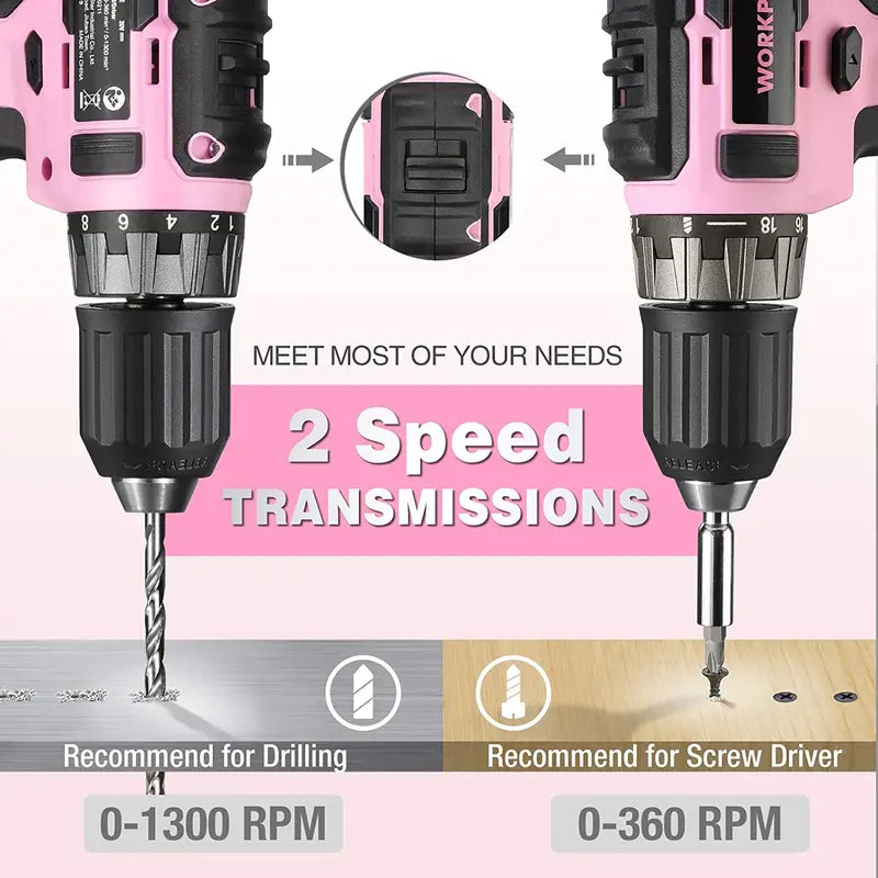 WORKPRO 20V Cordless Drill Driver  Pink Edition with Fast Charger & 11-Inch Carry Bag