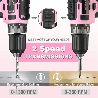 WORKPRO 20V Cordless Drill Driver  Pink Edition with Fast Charger & 11-Inch Carry Bag