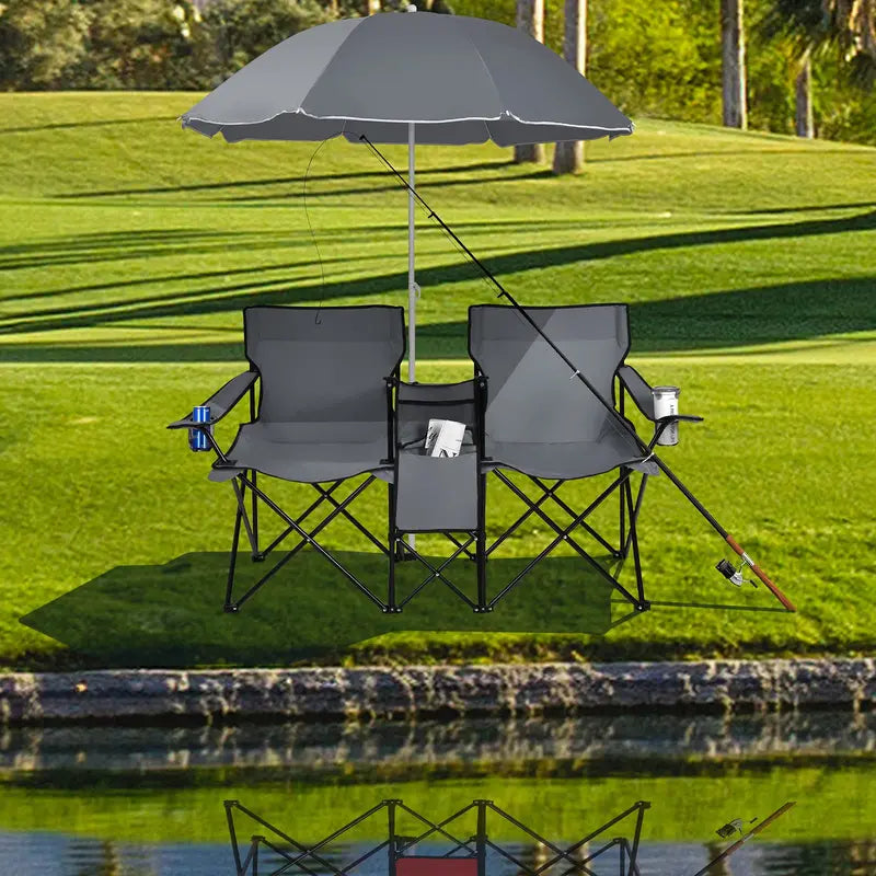 Compact Double Picnic Chair Set with Umbrella, Mini Table, Beverage Holders & Carry Bag