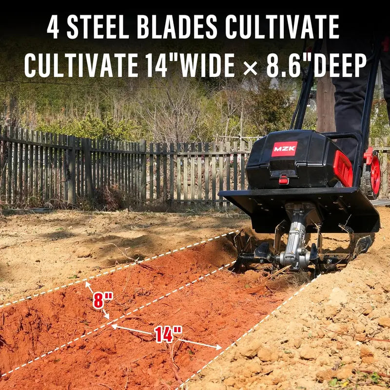 MZK 40V Cordless 12-Inch Garden Tiller — Dual 4.0Ah Battery-Powered Cultivator