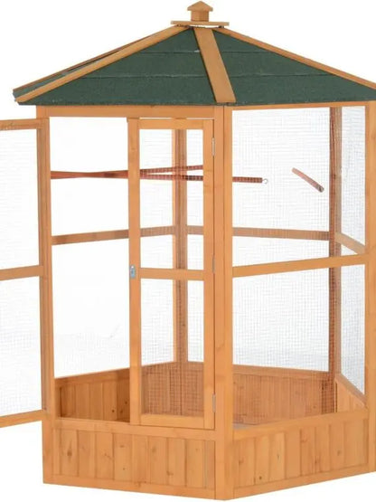 Hexagonal Wooden Outdoor Aviary Bird Cage with Covered Roof  Large