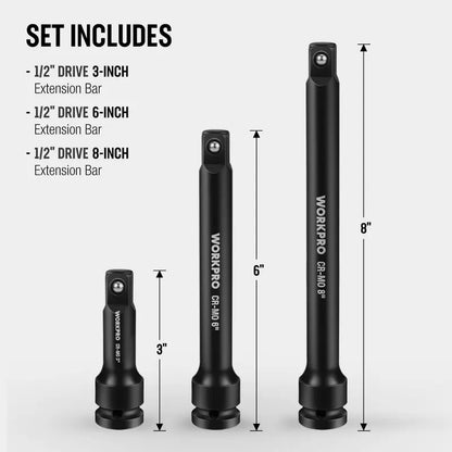 WORKPRO 3-Piece Heavy-Duty Impact Extension Bar Set: 3″, 6″, and 8″ (1/2″ Drive)