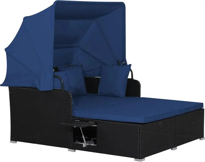 RELAX4LIFE 2-Person Rattan Patio Daybed with Retractable Canopy, Cushions, Pillows &amp; Side Trays (Turquoise)