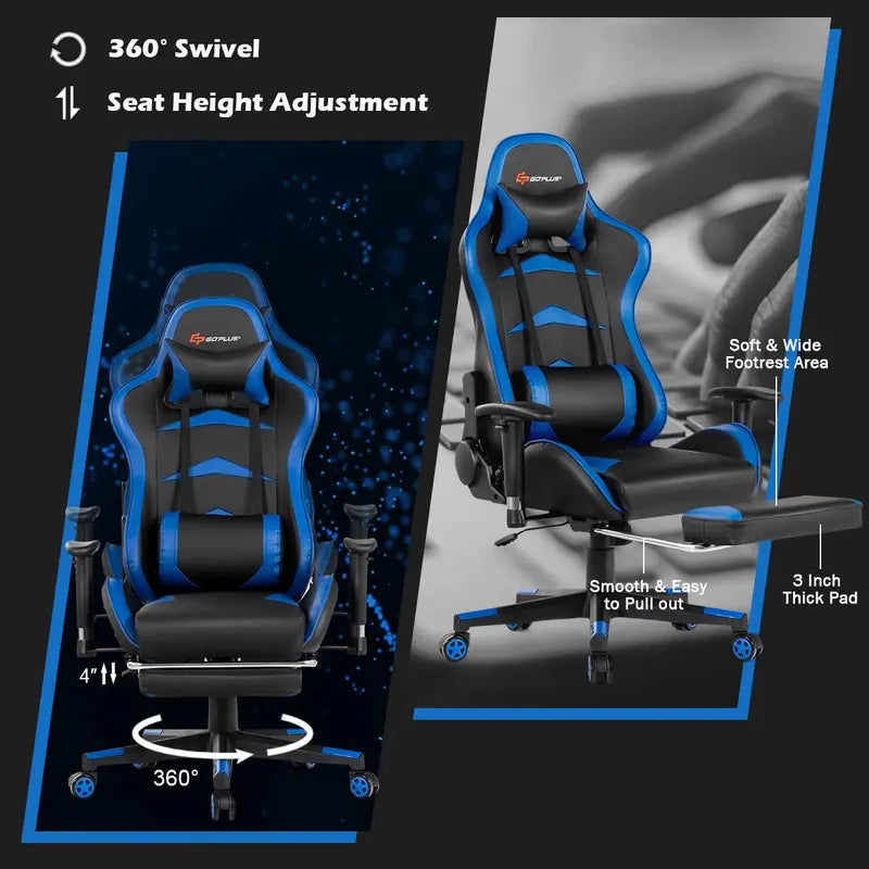 Ergonomic Massage Gaming Chair with Reclining Backrest, Adjustable Seat Height, and Contoured Handrails
