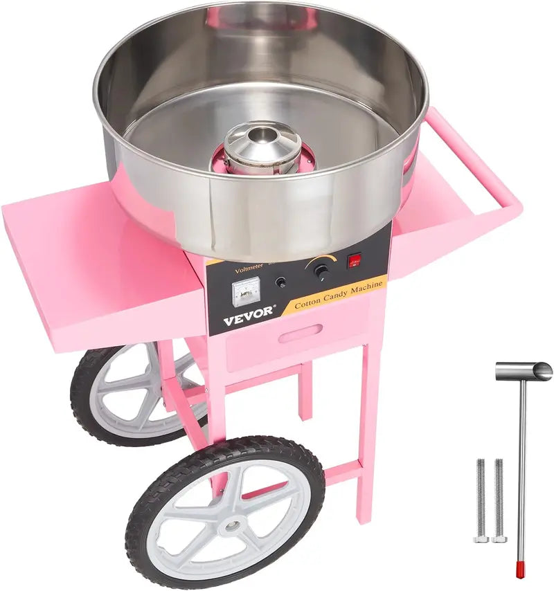 Commercial-Grade Pink Cotton Candy Machine with Cart  1000W Stainless Steel Floss Maker for Parties, Birthdays & Home Use
