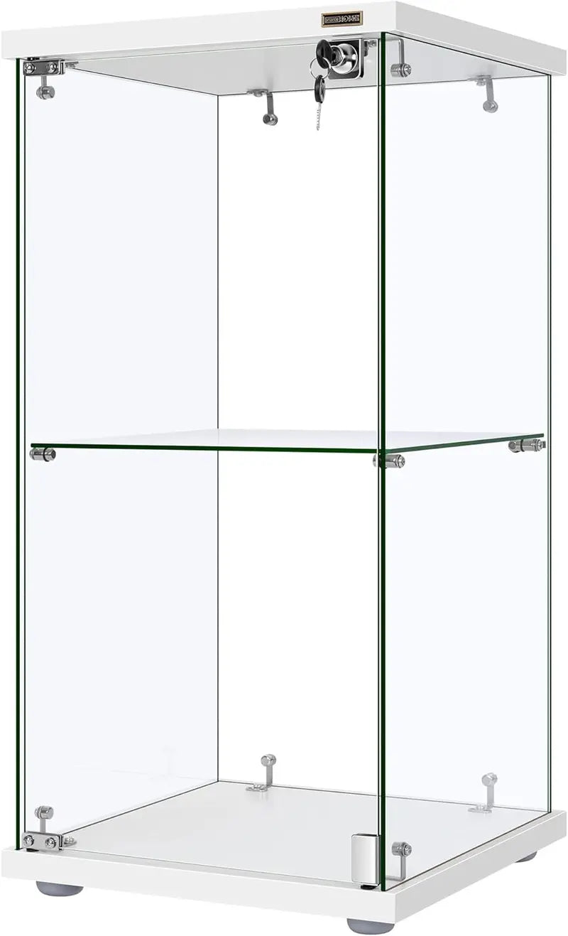 Locking 4-Tier Glass Display Cabinet  Countertop Showcase with Tempered Glass Panels and MDF Base
