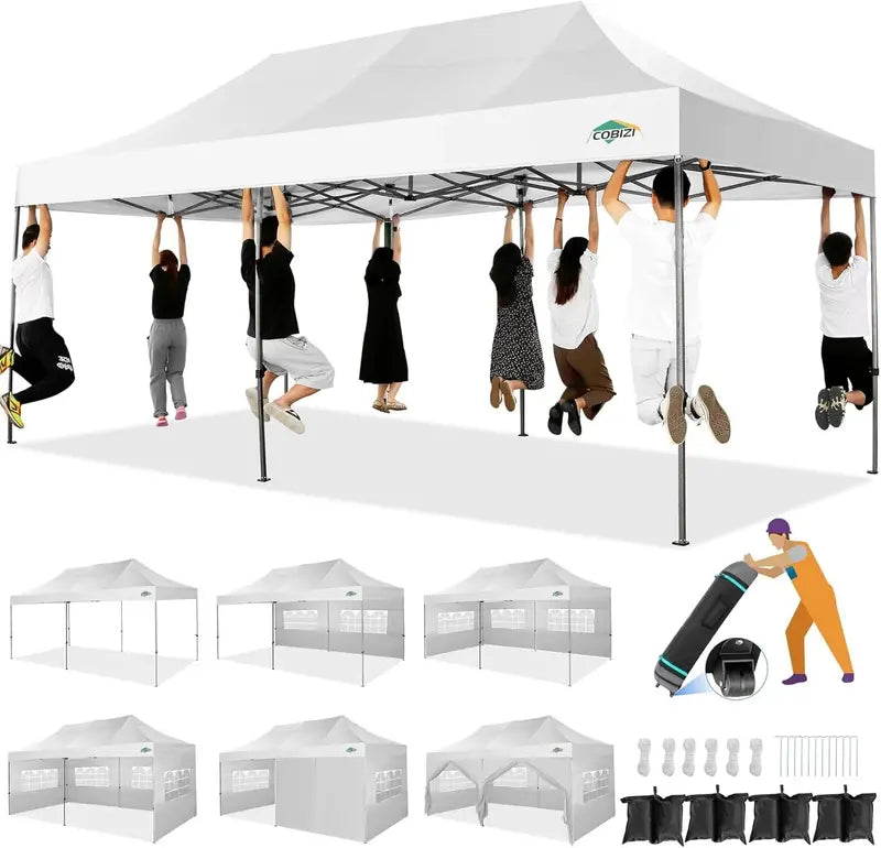 COBIZI Heavy-Duty 10×20 FT Pop-Up Canopy Tent  6 Wind-Resistant Sidewalls, Black Frame, Roller Bag