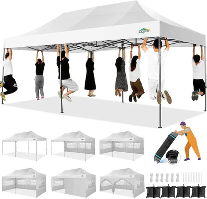 COBIZI Heavy-Duty 10×20 FT Pop-Up Canopy Tent  6 Wind-Resistant Sidewalls, Black Frame, Roller Bag