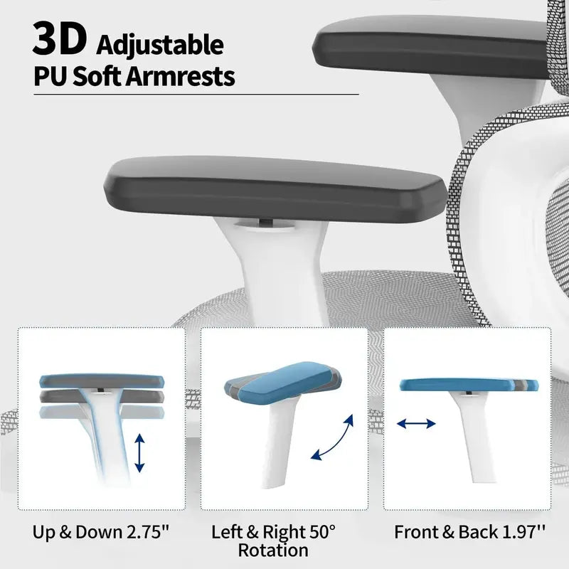 Ergo3D High-Back Mesh Office Chair  Fully Adjustable 3D Armrests and Casters for Home or Workplace