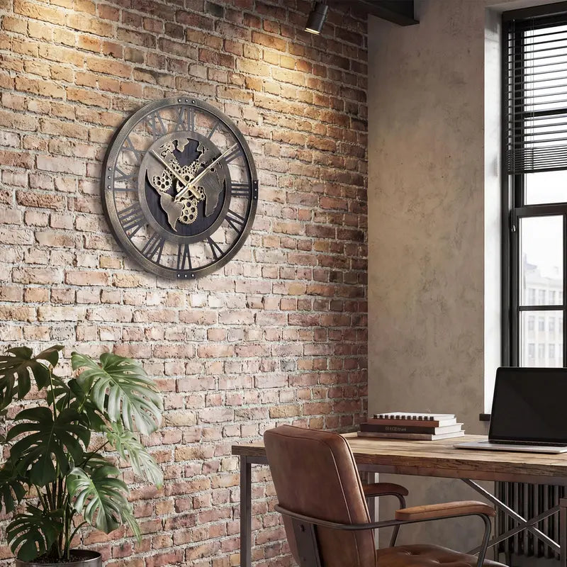 27-Inch Gear-Driven World Map Wall Clock  Silent, Decorative Metal Design with Rotating Gears
