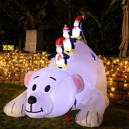Juegoal 7.7ft Christmas Inflatable Polar Bear with Penguins, LED Lighted, Indoor Outdoor Holiday Decor