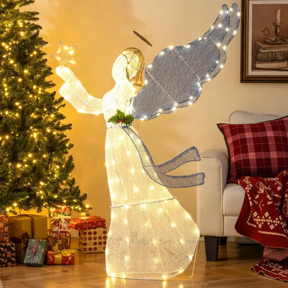 5-Foot Illuminated Angel Ornament  Glowing Star Halo and Expansive Wing Design