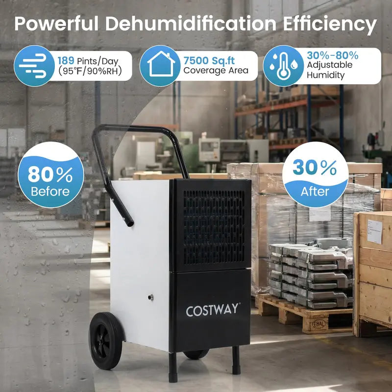 189-Pint Industrial Dehumidifier Featuring Drain Pump, 3.3-Foot Hose & Casters