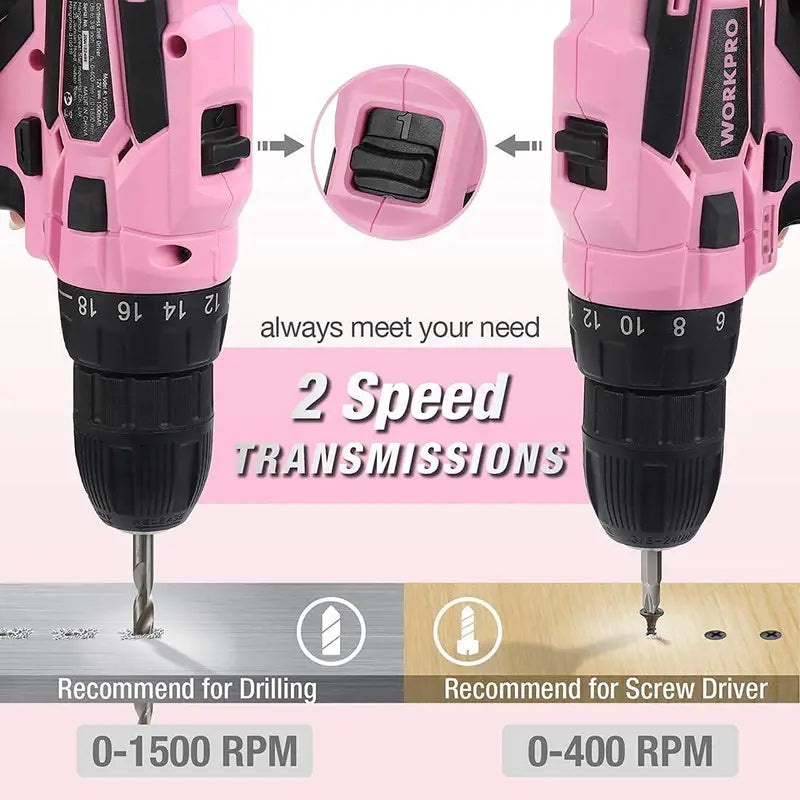 WORKPRO 12V Cordless Drill Kit for Women  Pink Ribbon Design