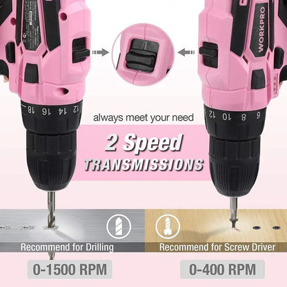 WORKPRO 12V Cordless Drill Kit for Women  Pink Ribbon Design