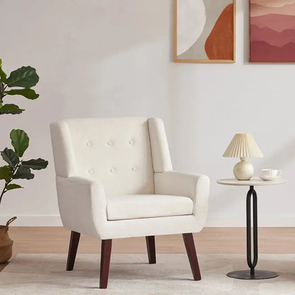 Huimo Mid-Century Modern Accent Chair  Button-Tufted Beige Upholstered Reading Chair for Living Room or Bedroom