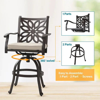 MAISON ARTS Cast Aluminum Patio Bar Set  3-Piece: 1 Swivel Bar Table + 2 High Stools